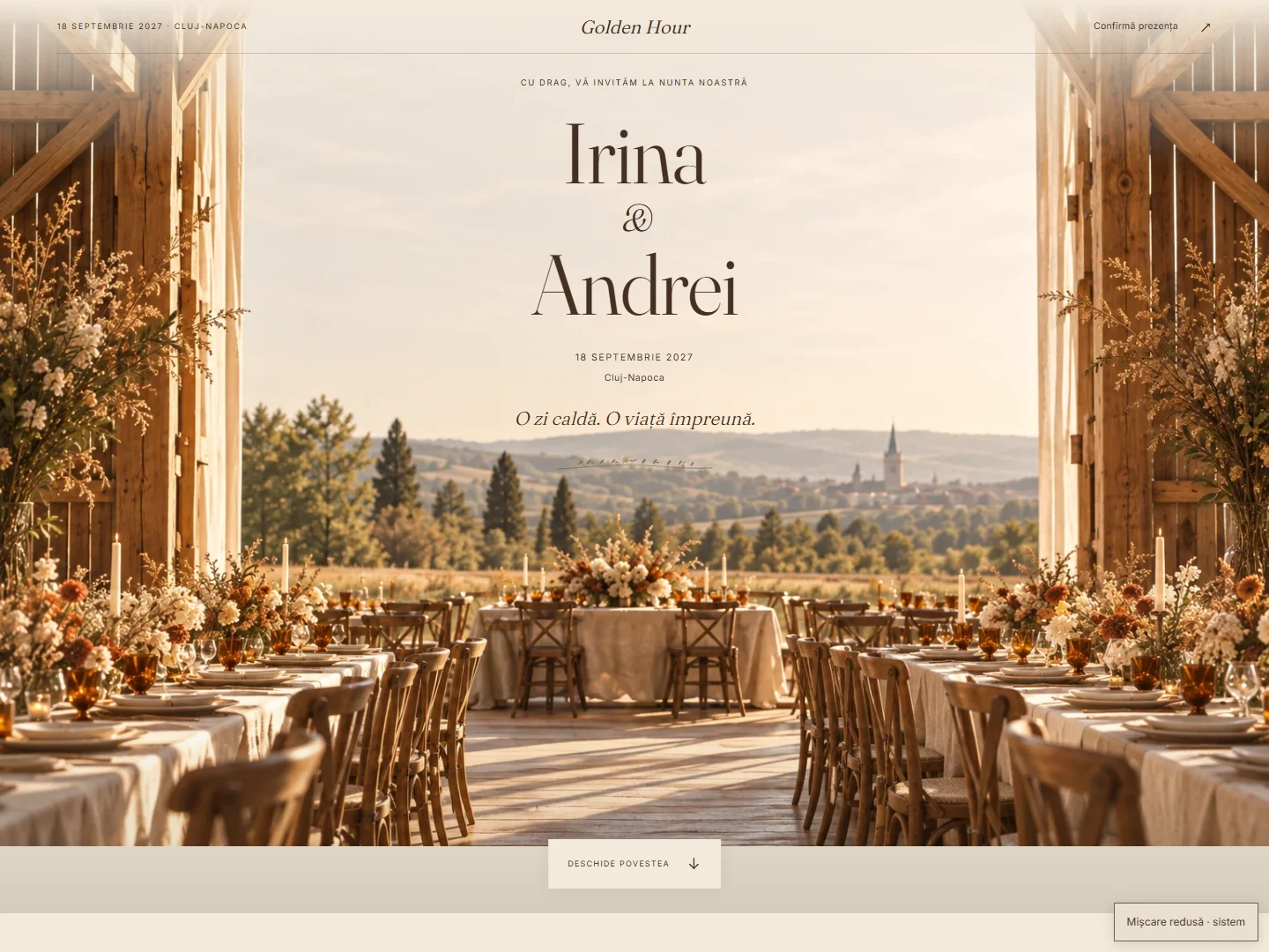 Previzualizare pentru invitația Barn, varianta Golden Hour